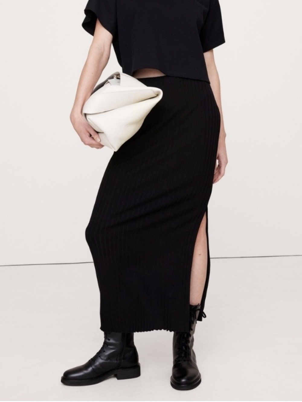 Banana Republic Black Wide Ribbed Knot Maxi Skirt with Side Slit